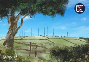 Water colour painting showing Borough Hill, Daventry with aerial masts on the skyline in a countryside setting with foreground tree and timber picket fence.